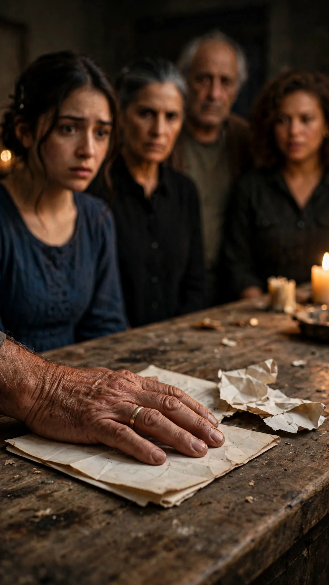 A folded paper is laid flat on a wooden counter by a man's hand under warm shop light.