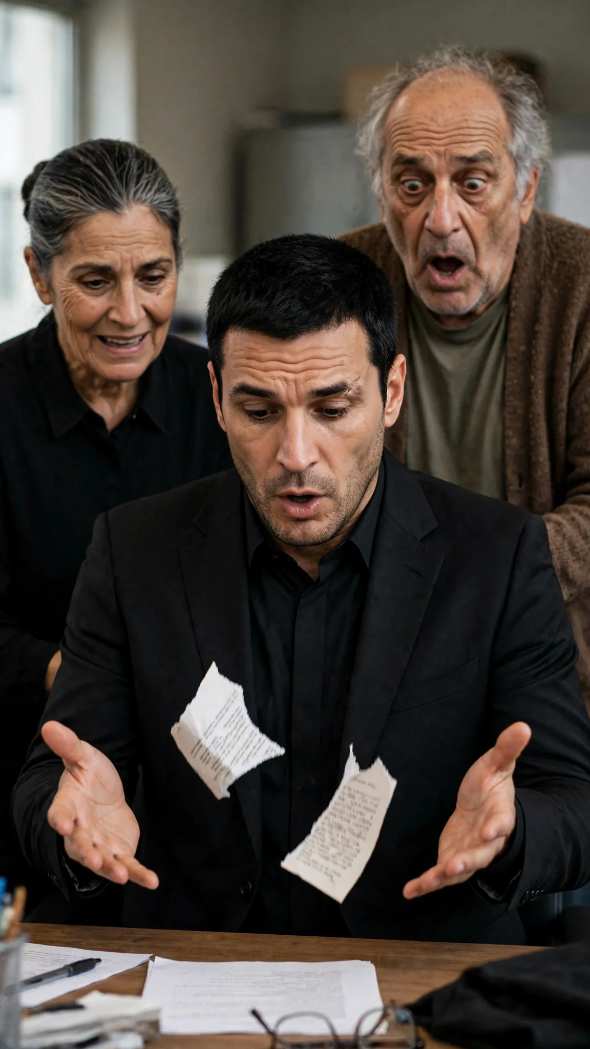 Torn pieces of a paper contract fall onto the counter as the others stare.