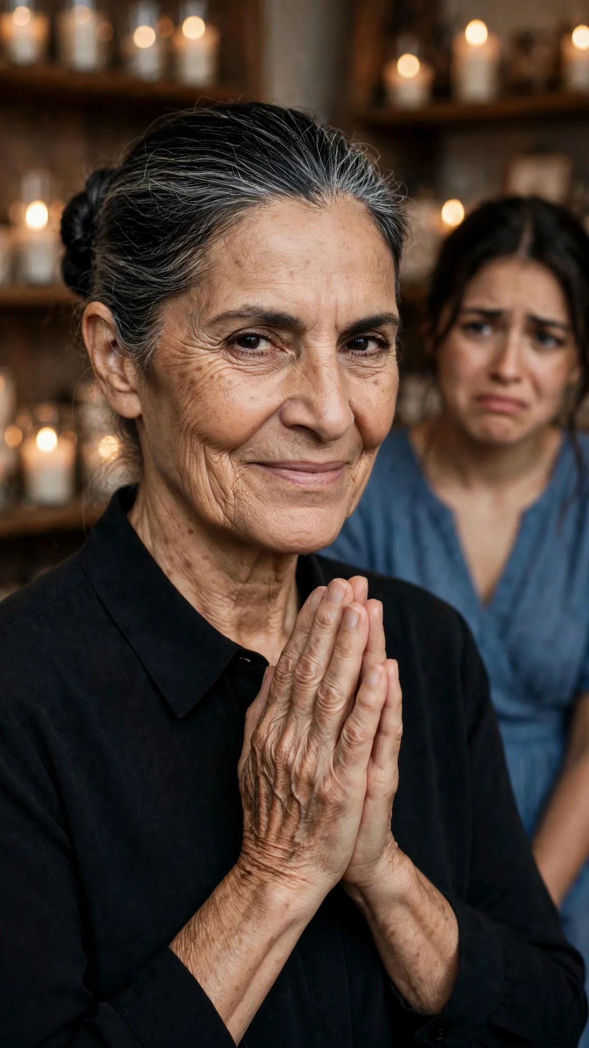 An older woman in a dark blouse presses her hands together in gratitude while the young woman watches in disgust.