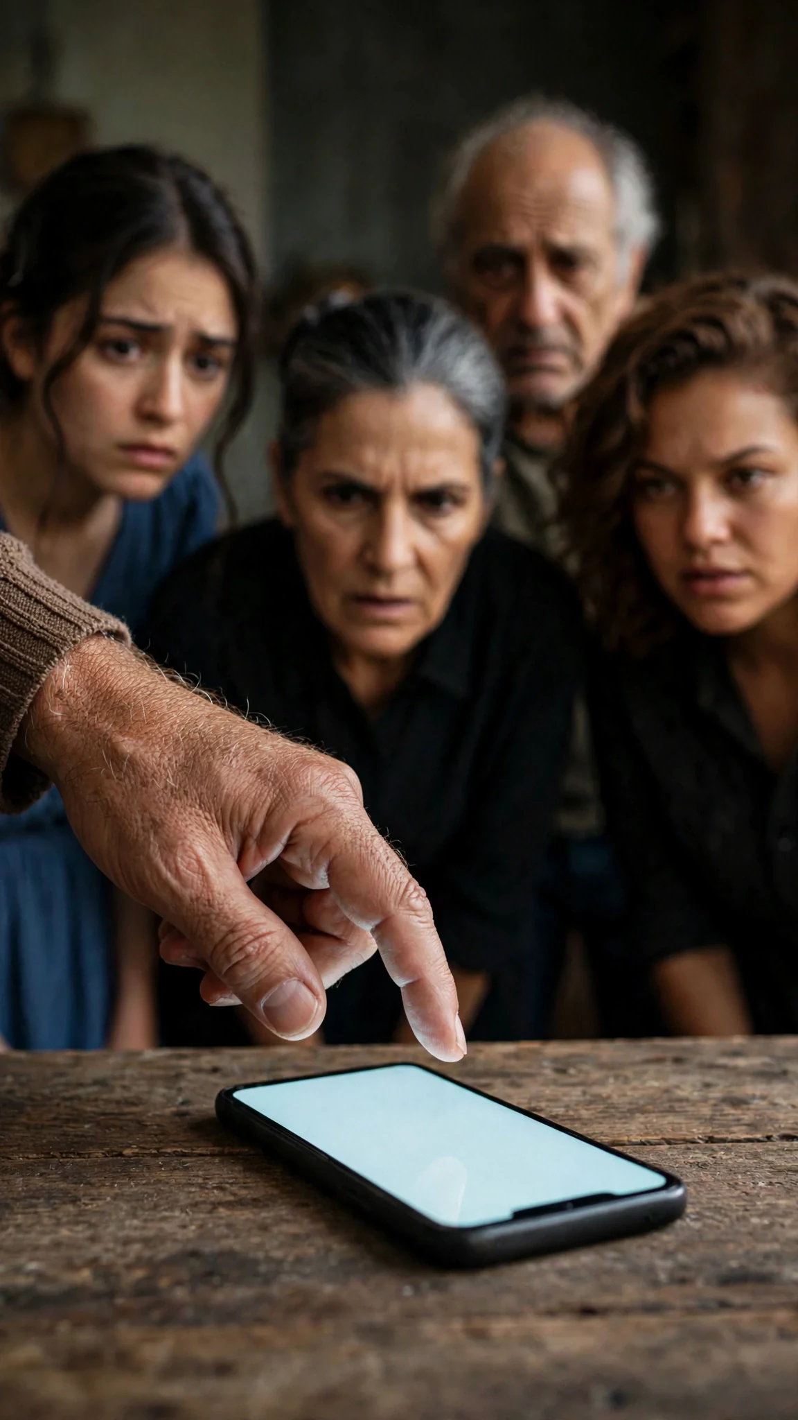 A phone is set face-up on the counter, a man's finger hovering over the screen.