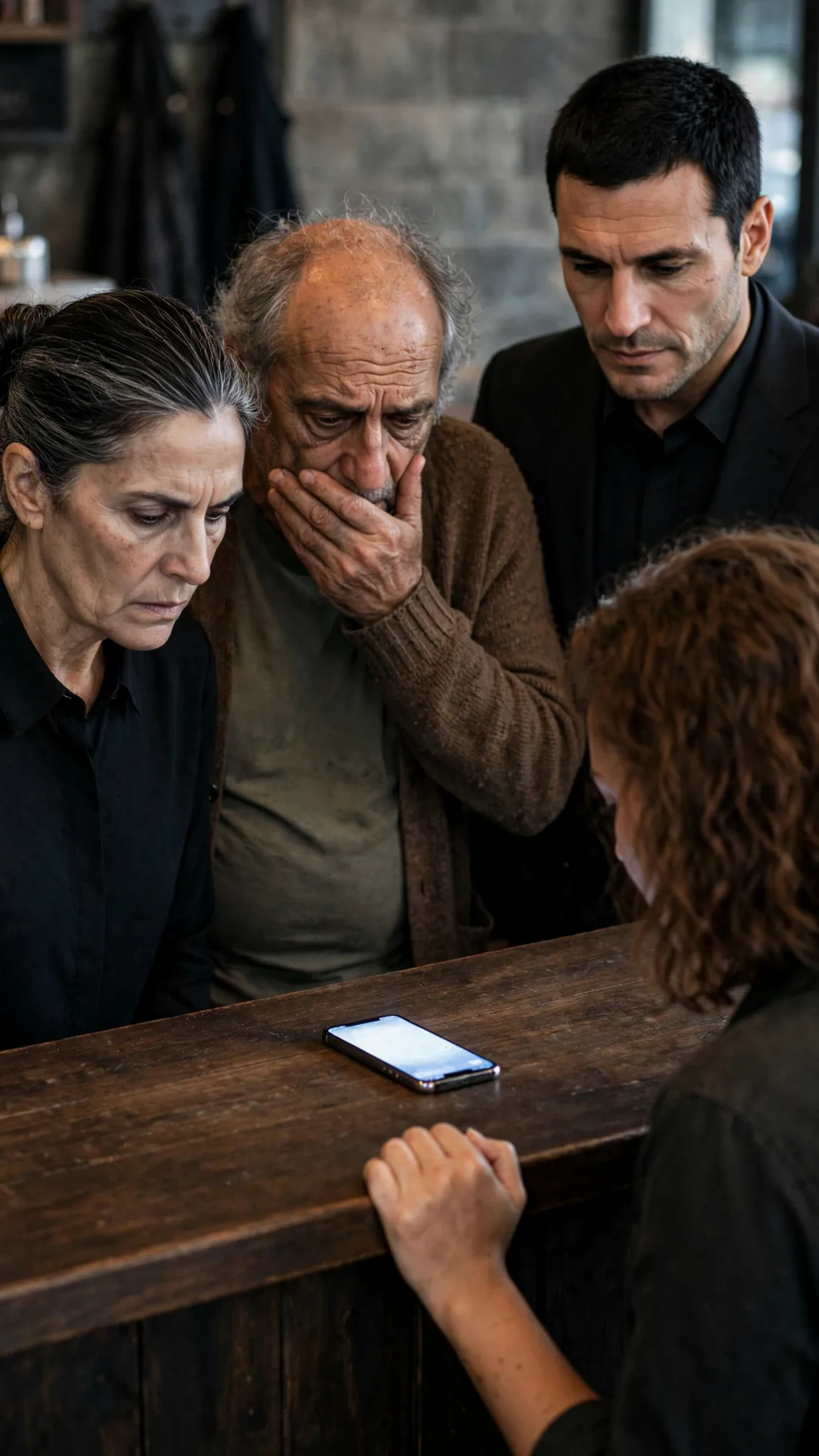 The four people in the shop stare at a glowing phone, horror on the young woman's face and the older man covering his mouth.