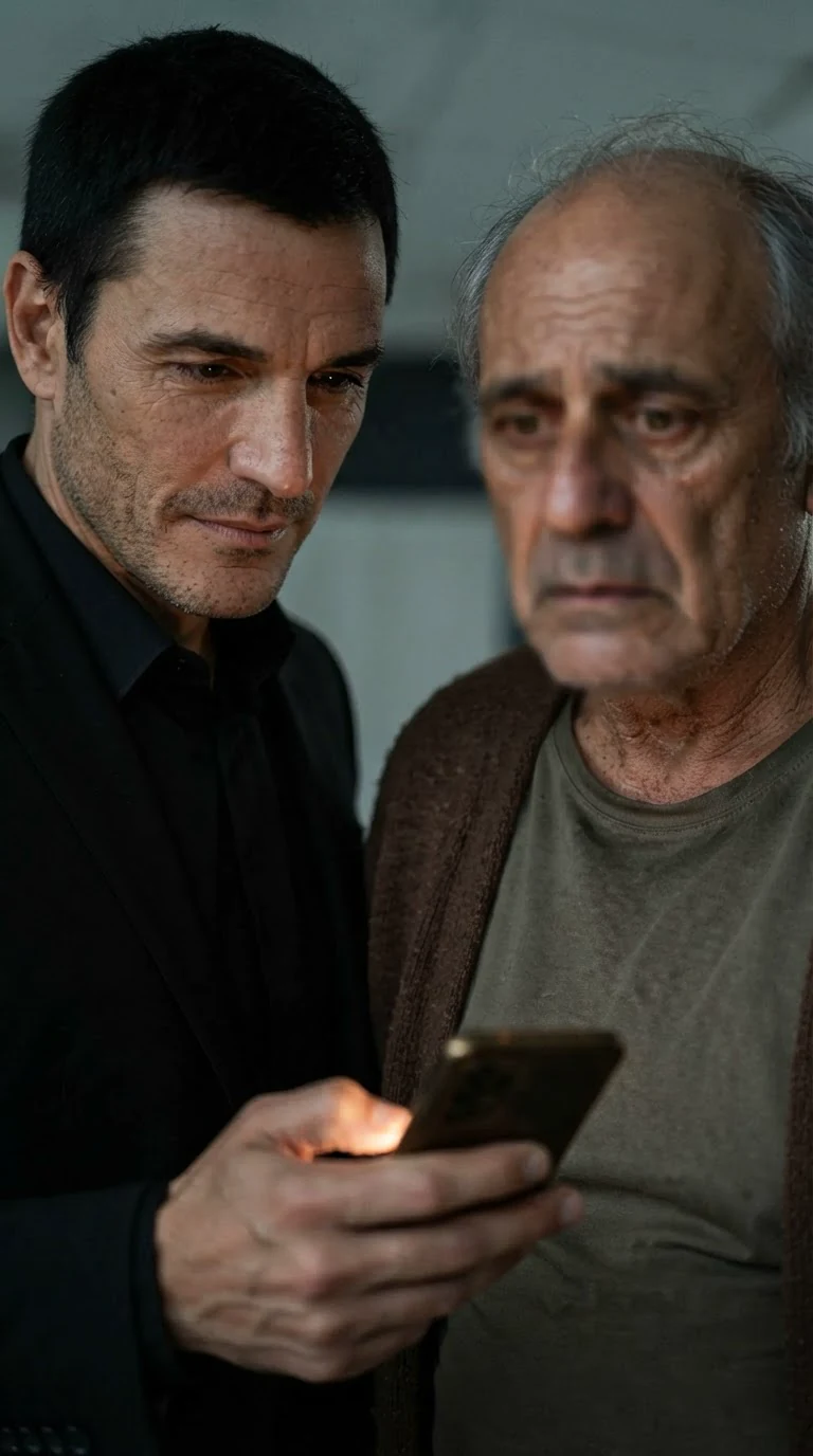 A tall man in a black suit looks down at a phone with a cold smile while an older man sweats.