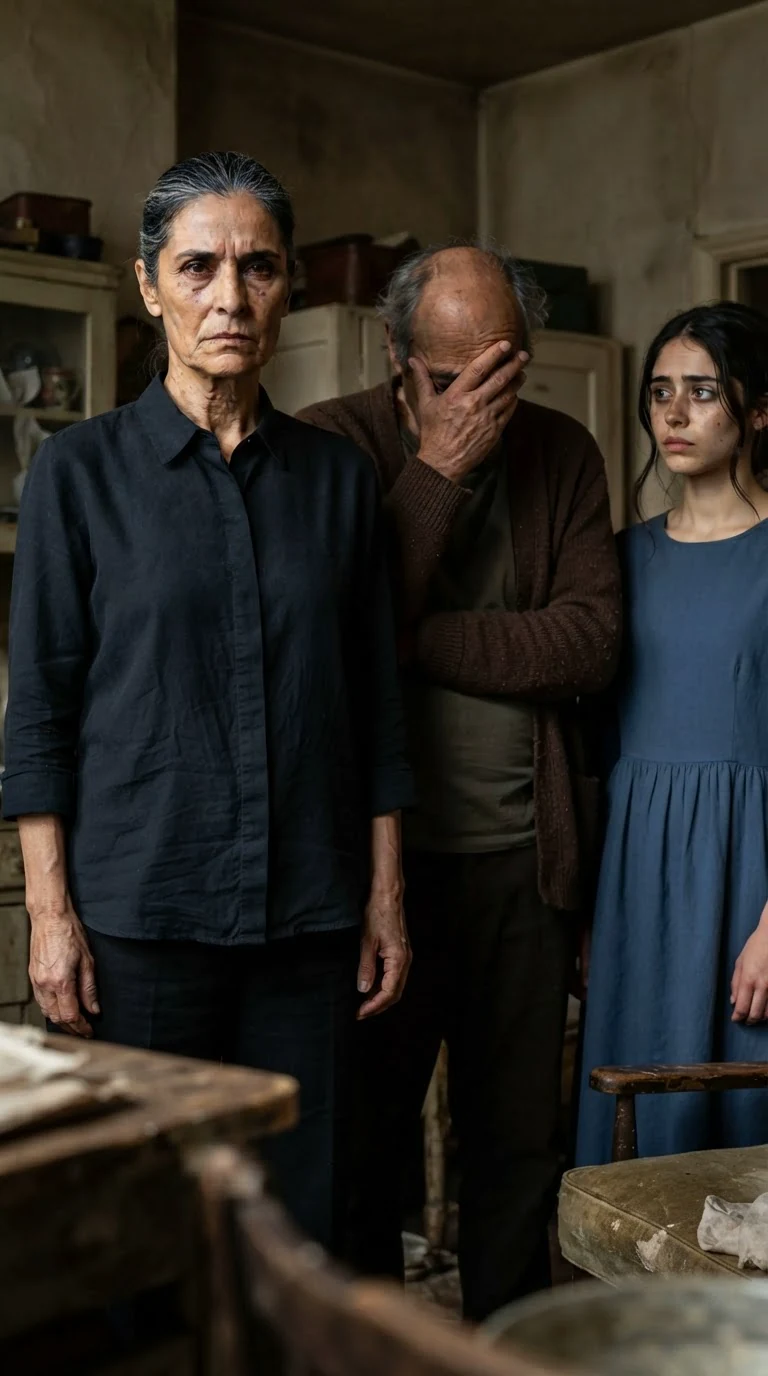 An older woman with a crooked bun stands rigid and pale as the man in the suit speaks, and the older man covers his face.