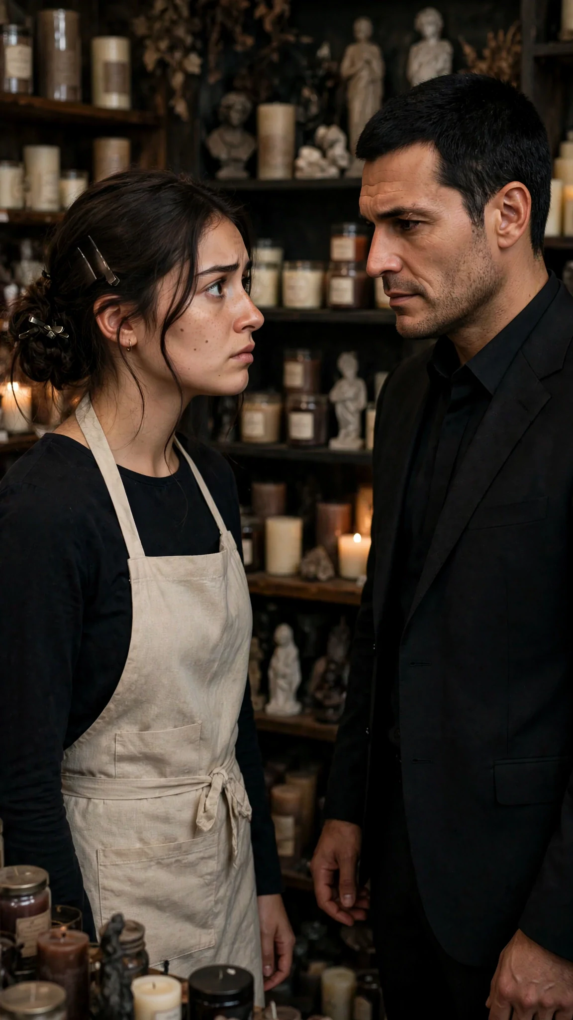 A young woman in a blue dress turns to face a man in a black suit in the middle of the shop.