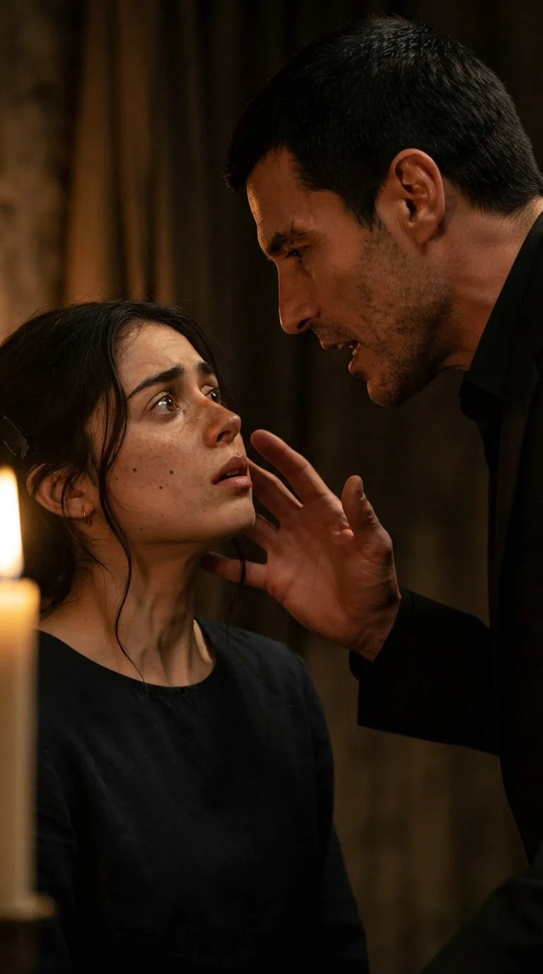 A tall scarred man leans close to a small dark-haired woman, speaking, his hand raised near her face.