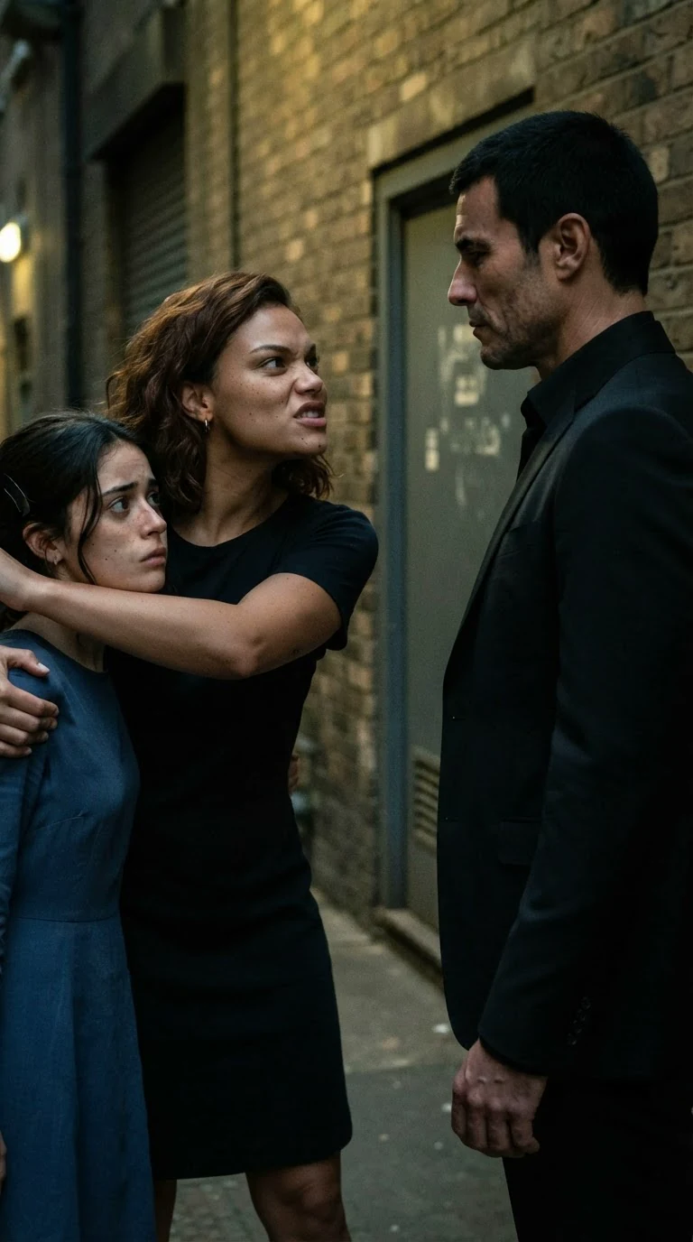 A curvy young woman in a coat steps between her friend and the man in the black suit, furious.