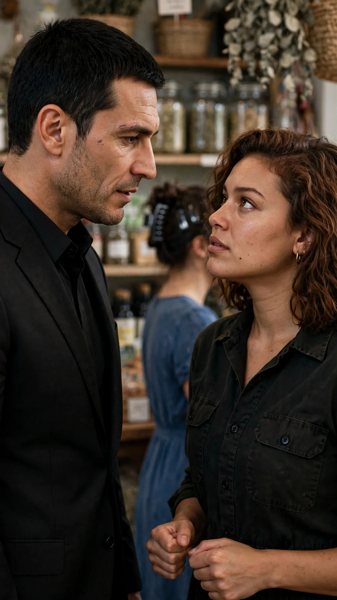 A man in a black suit speaks quietly to a defiant young woman whose hands tremble.