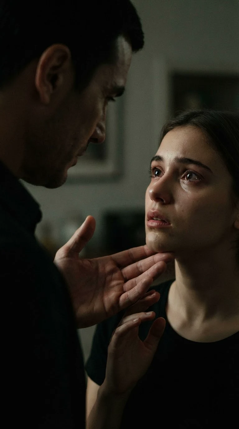 A man grips a young woman's jaw and lifts her face, her skin pressed white under his thumb.
