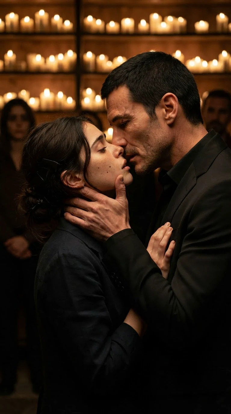 A tall man kisses a small dark-haired woman in a candlelit shop, her hand flat on his chest.