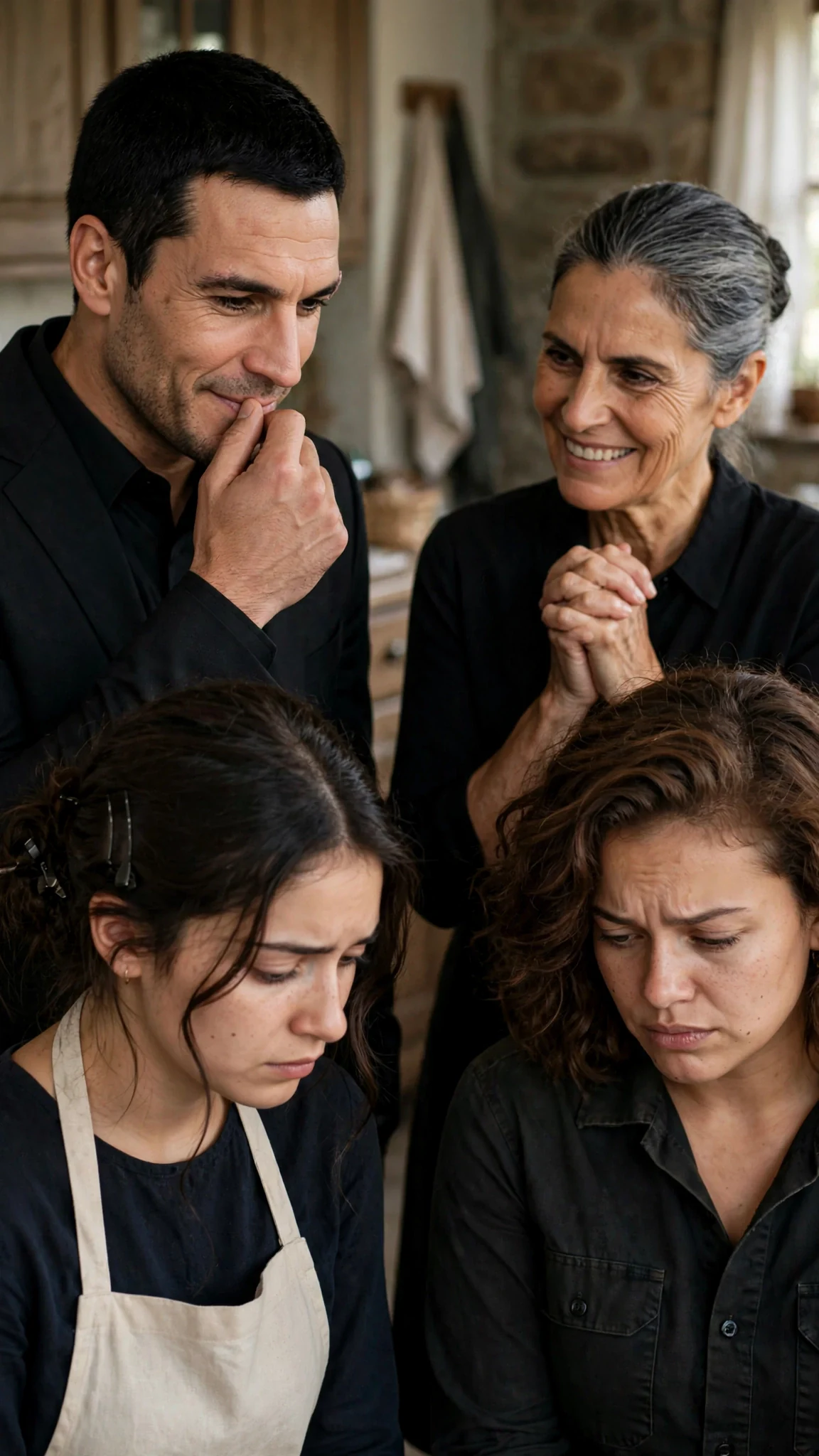 A man in a black suit straightens, wiping his mouth, while an older woman nods eagerly.