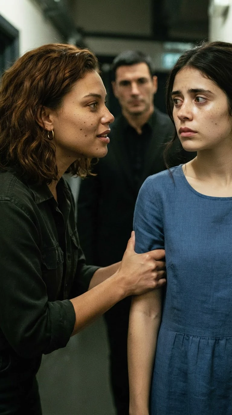 A young woman in a coat pulls her friend behind her, gripping her arm, speaking hard.