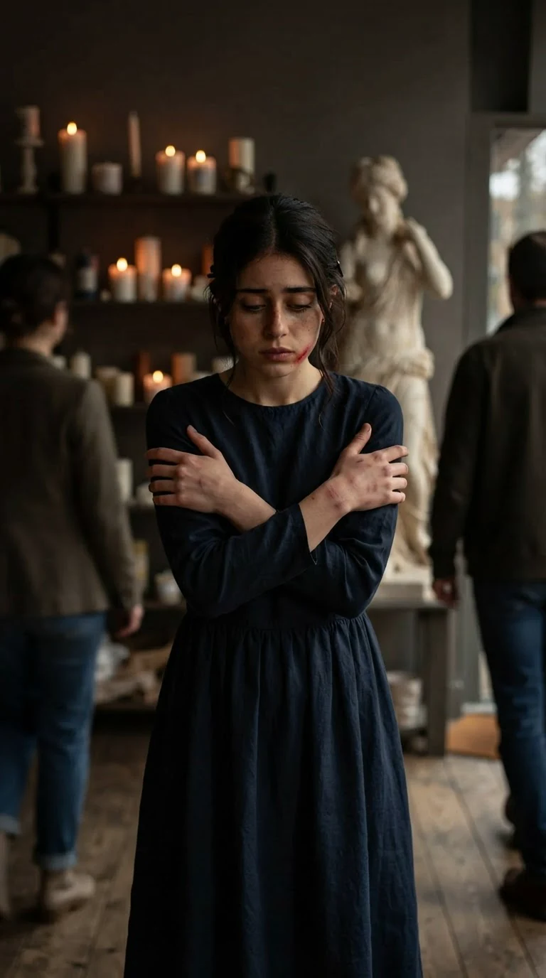 A young woman stands alone in the candlelit shop with her eyes lowered, a faint red mark on her jaw.