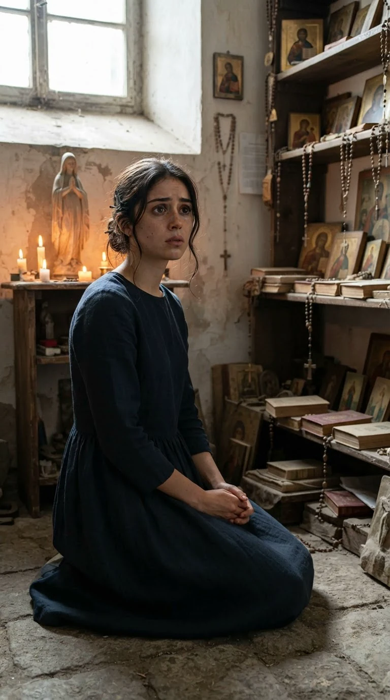 A young woman kneels in prayer before a small candlelit altar in the back room of a shop.