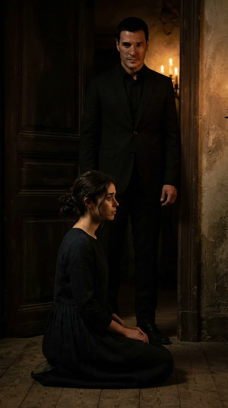 A tall man in a black suit stands in the back room doorway behind a kneeling woman.
