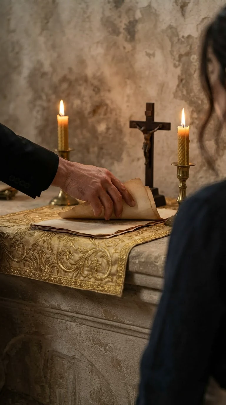A man's hand lays a folded paper on an altar cloth between candles and a small crucifix.