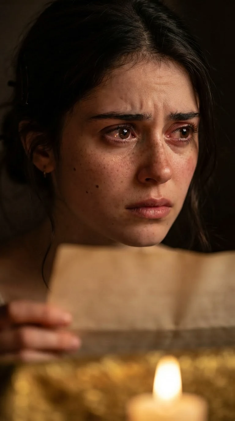 A young woman stares at the contract with her lips parted in betrayal.