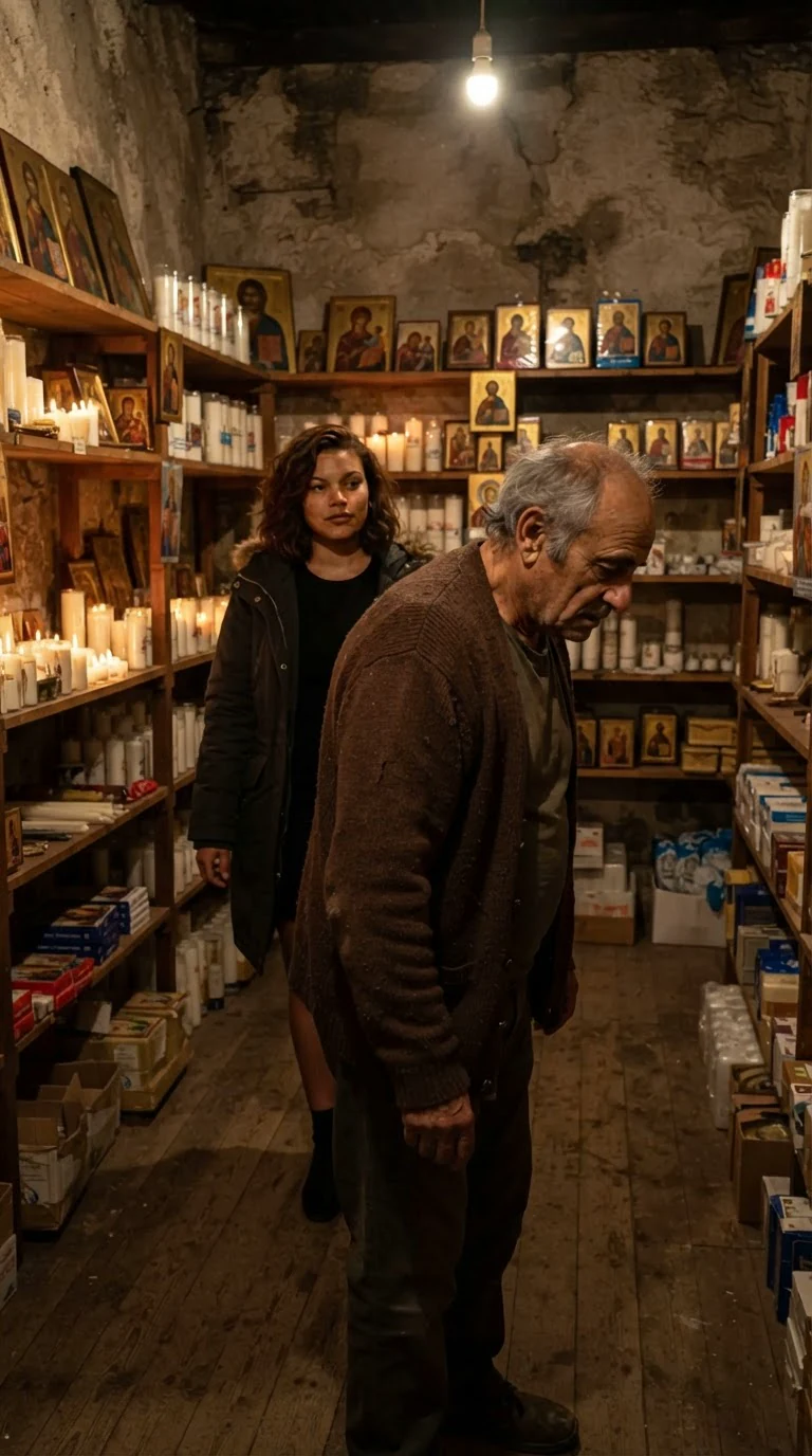 An older man in a crooked cardigan and a young woman enter the back room through the shop door.