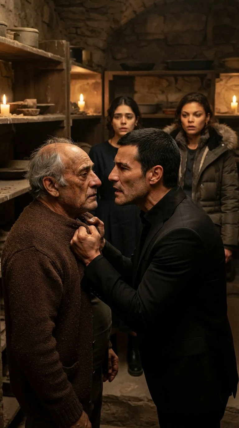 A man in a black suit grips an older man's cardigan and speaks into his face.