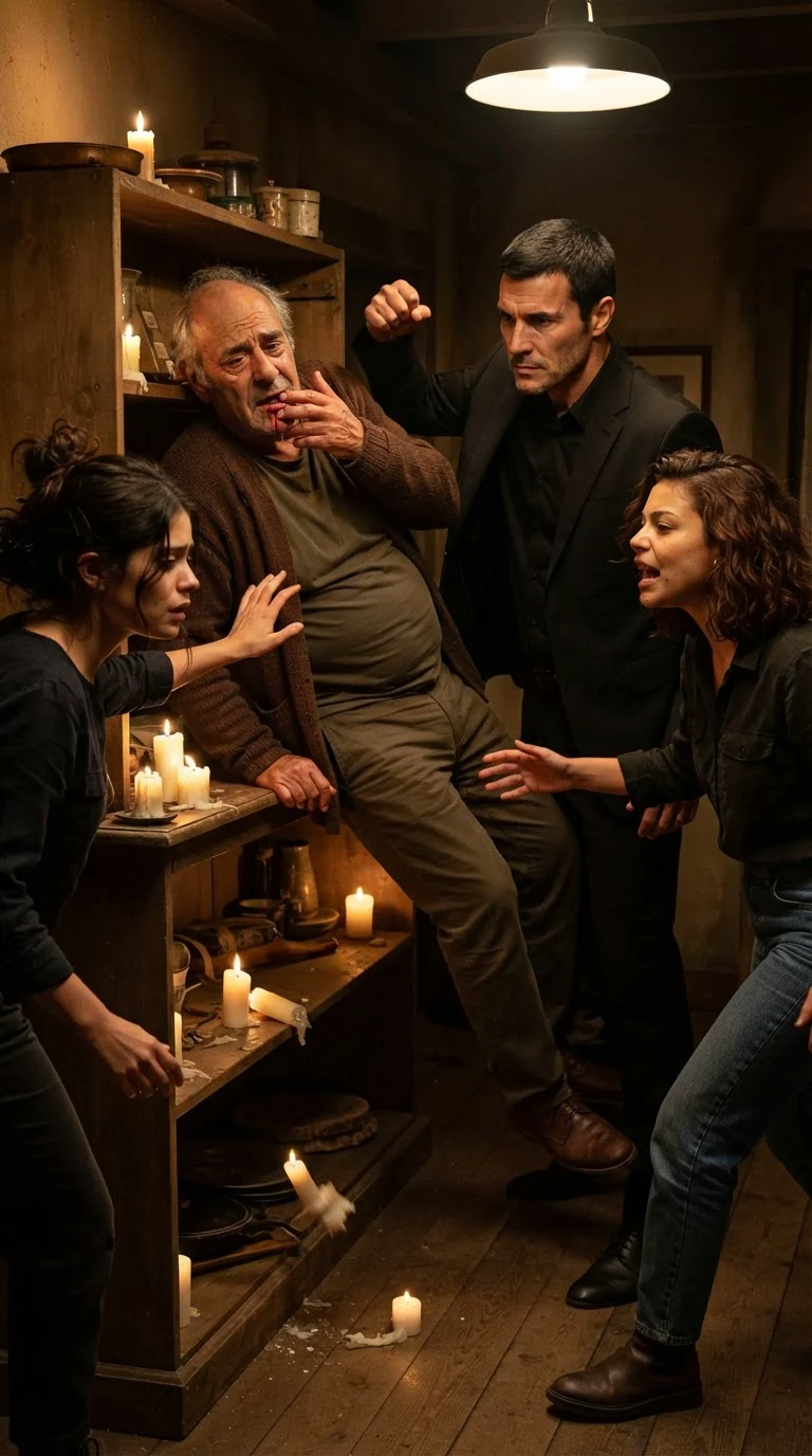 An older man stumbles into a shelf as candles fall, blood on his chin.