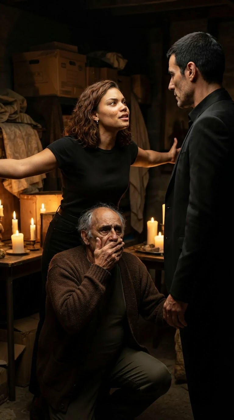 A young woman in a winter coat stands between a man in a suit and an older man, chin raised.