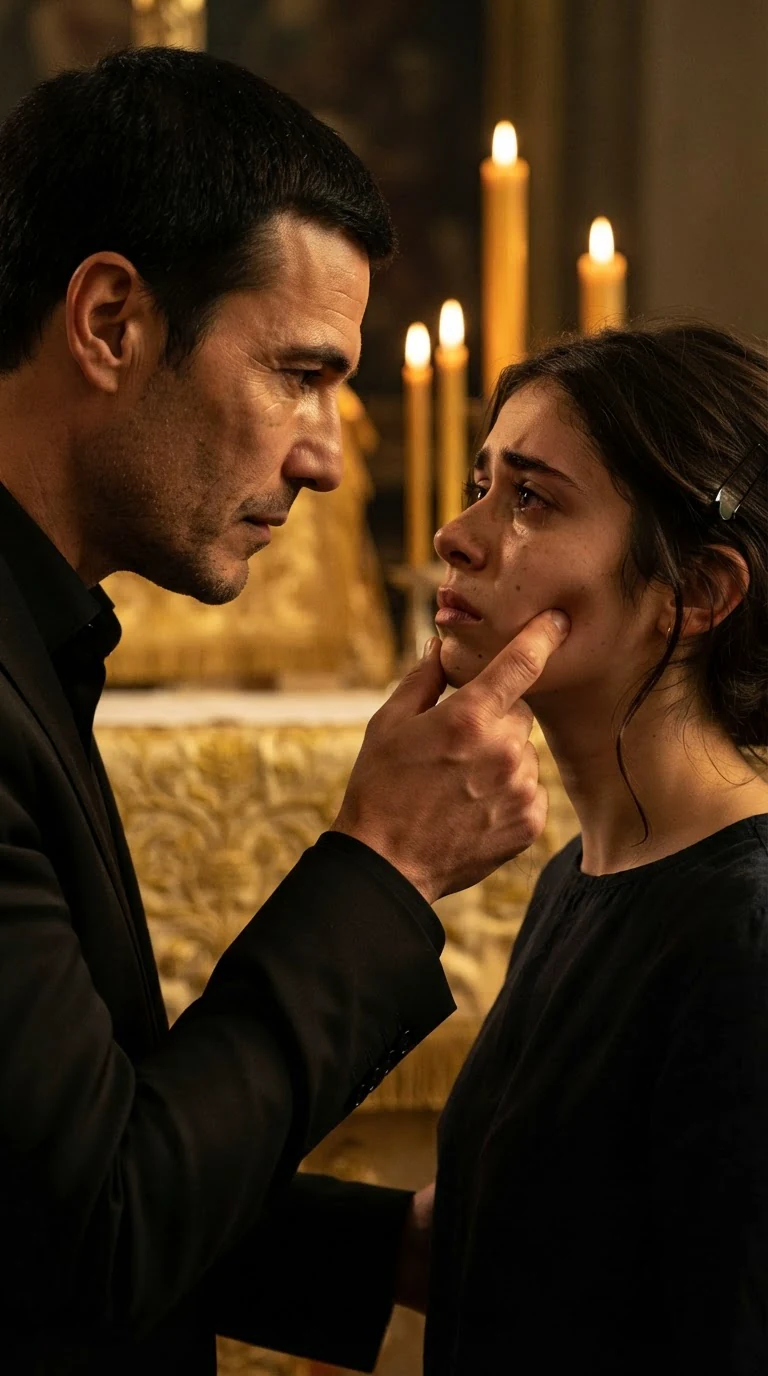 A man grips a young woman's chin and lifts her face, his thumb pressing into her cheek.