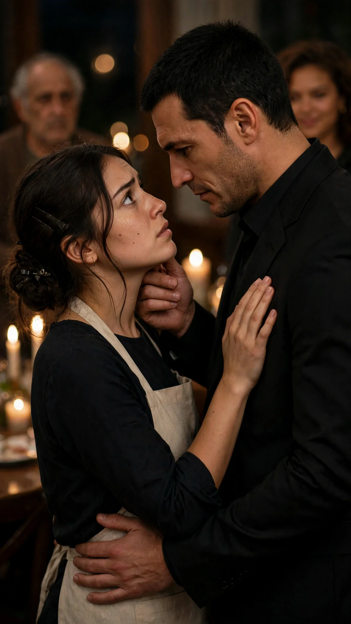 A young woman leans up on her toes toward a man in a black suit, her hand on his chest.