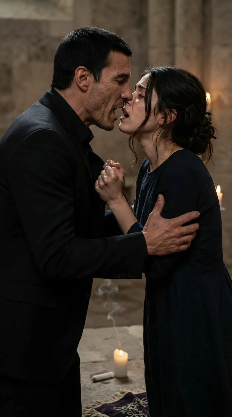 Two people kiss hard beside a small altar, a fallen candle smoking on the stone floor.