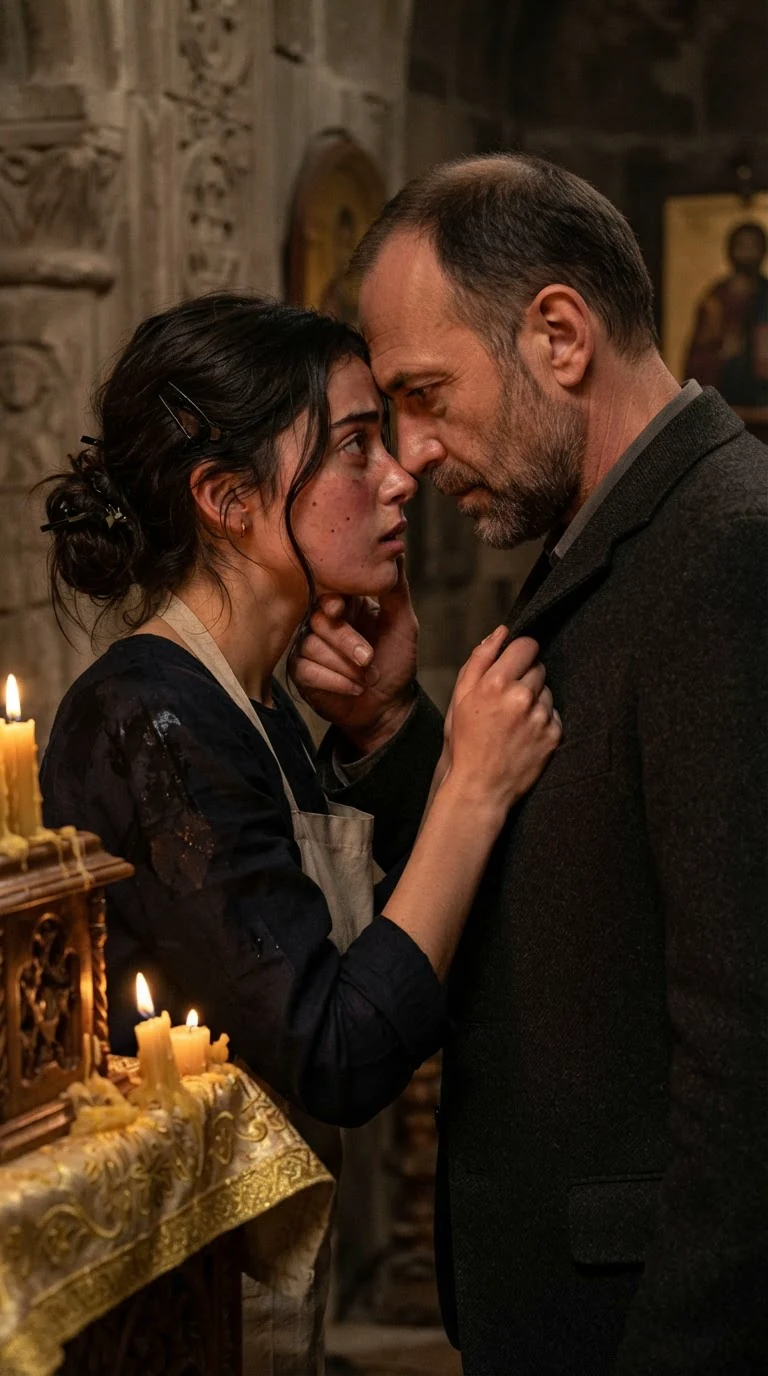 A man's hand rests on a young woman's thigh beneath her skirt as she clutches his jacket.
