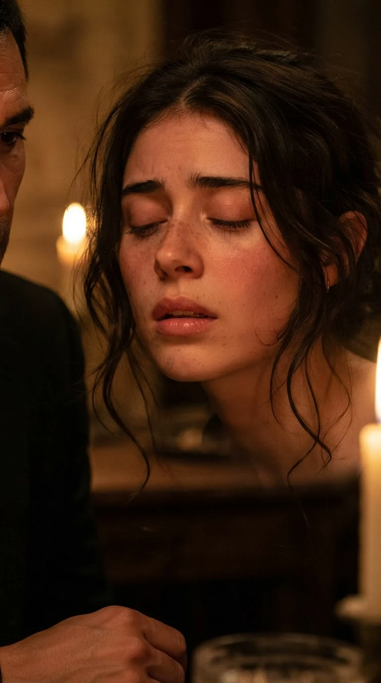 A young woman's face close up, eyes shut, flushed, as she bites her lip.