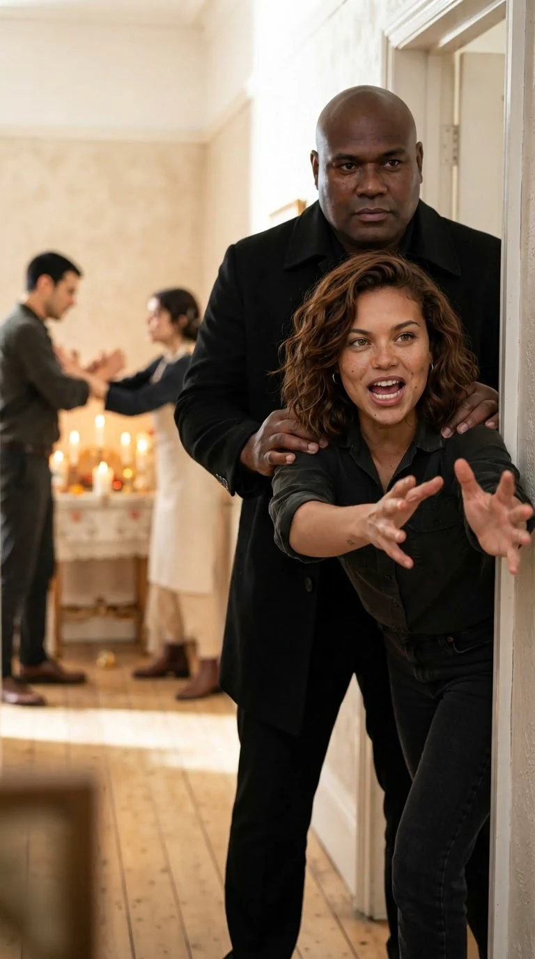 A young woman in a winter coat screams from the doorway as a large bald man takes hold of her shoulders.