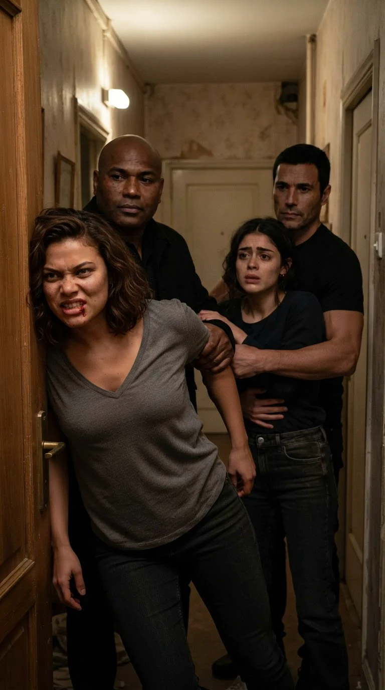 A large man drags a shouting young woman through a door, her shoulder striking the frame, blood at her lip.
