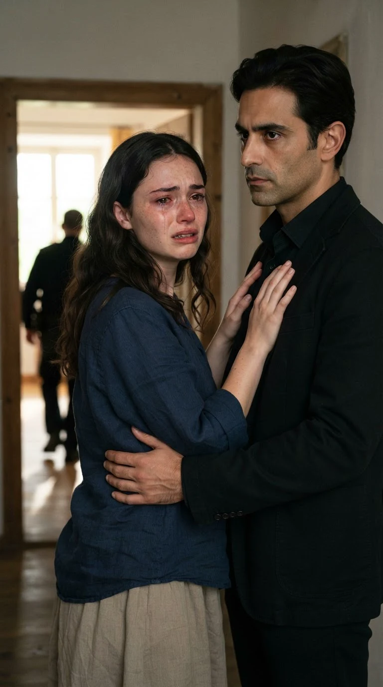 A young woman shoves at a man's chest while he keeps one arm around her waist.