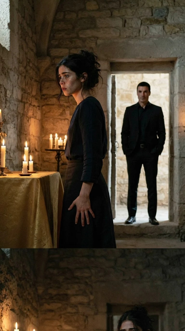 A young woman stands alone beside the altar, one hand at her skirt, a man watching her from the door.