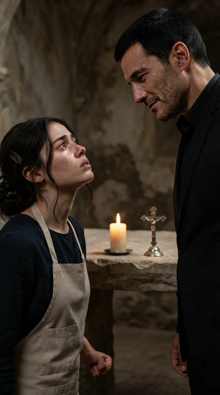 A young woman looks up at a man in a suit, her chin lifted, her eyes hard.