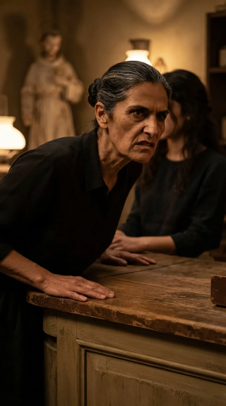 Ottavia leans over the shop counter, sneering, with the old statue of a saint behind her.