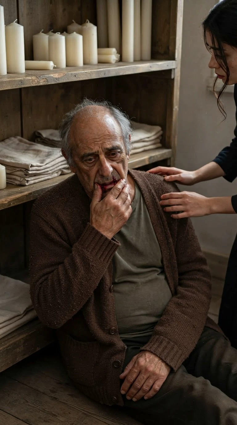 Aldo leans against a shelf with blood on his mouth, refusing to meet his niece's eyes.