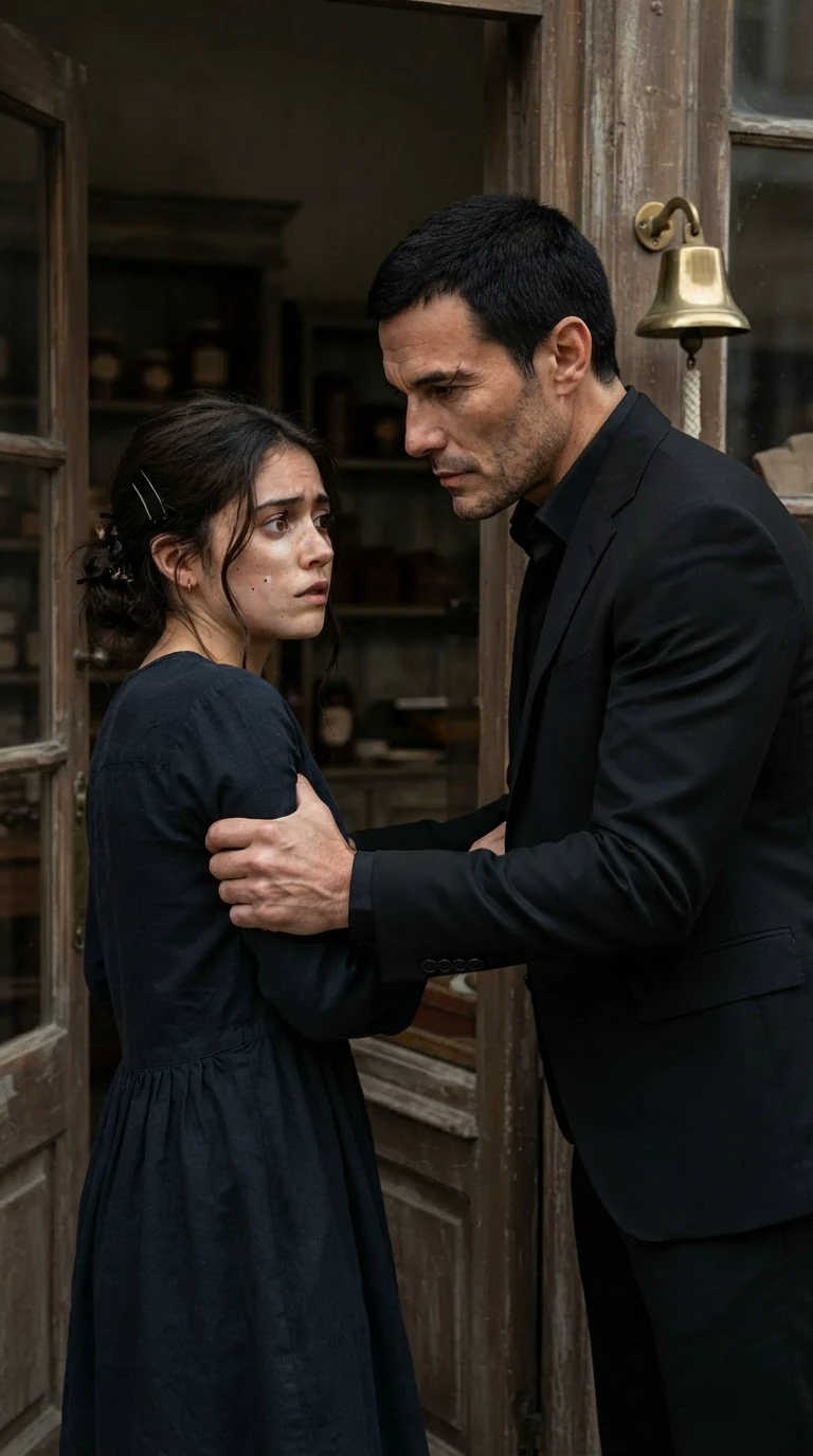 Dario grips Nicolette's upper arm near the shop door, his face close to hers.