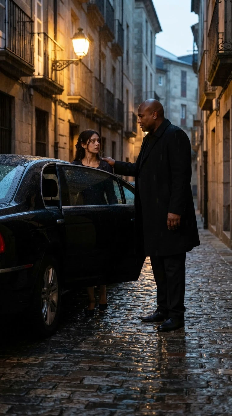 A wet street at night, Bruno holding a black car door open while rain falls.