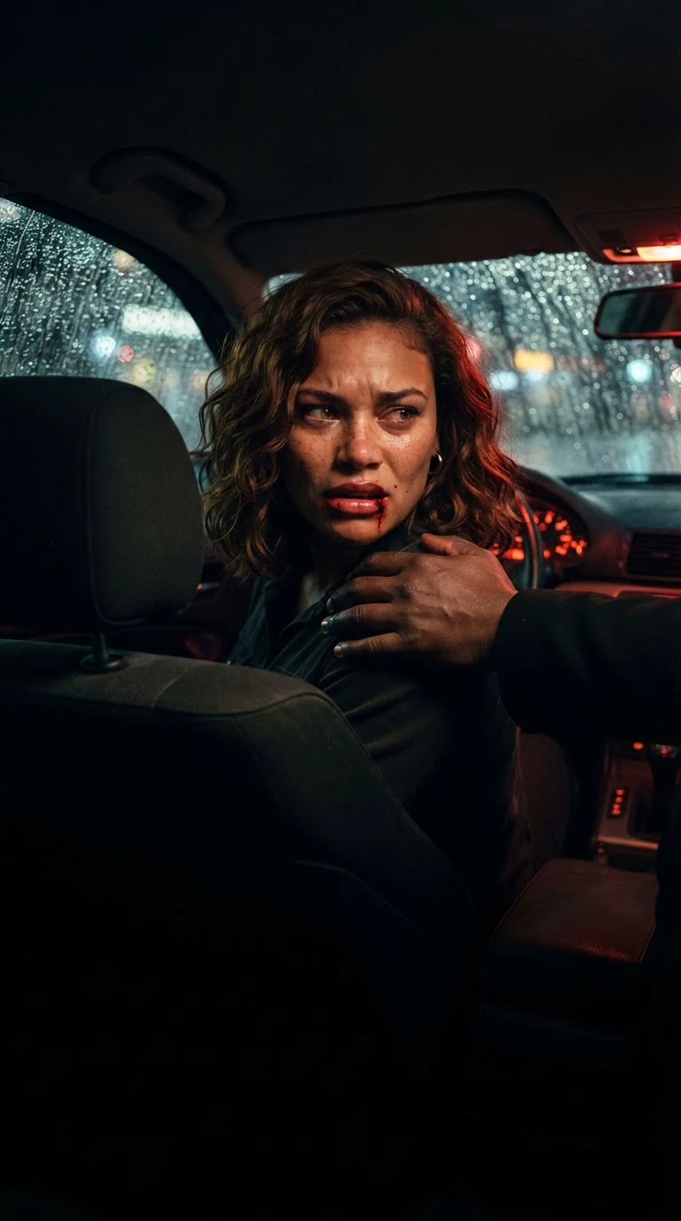 Inside a dark car, Carina twists in the front seat to look back, blood on her lip.