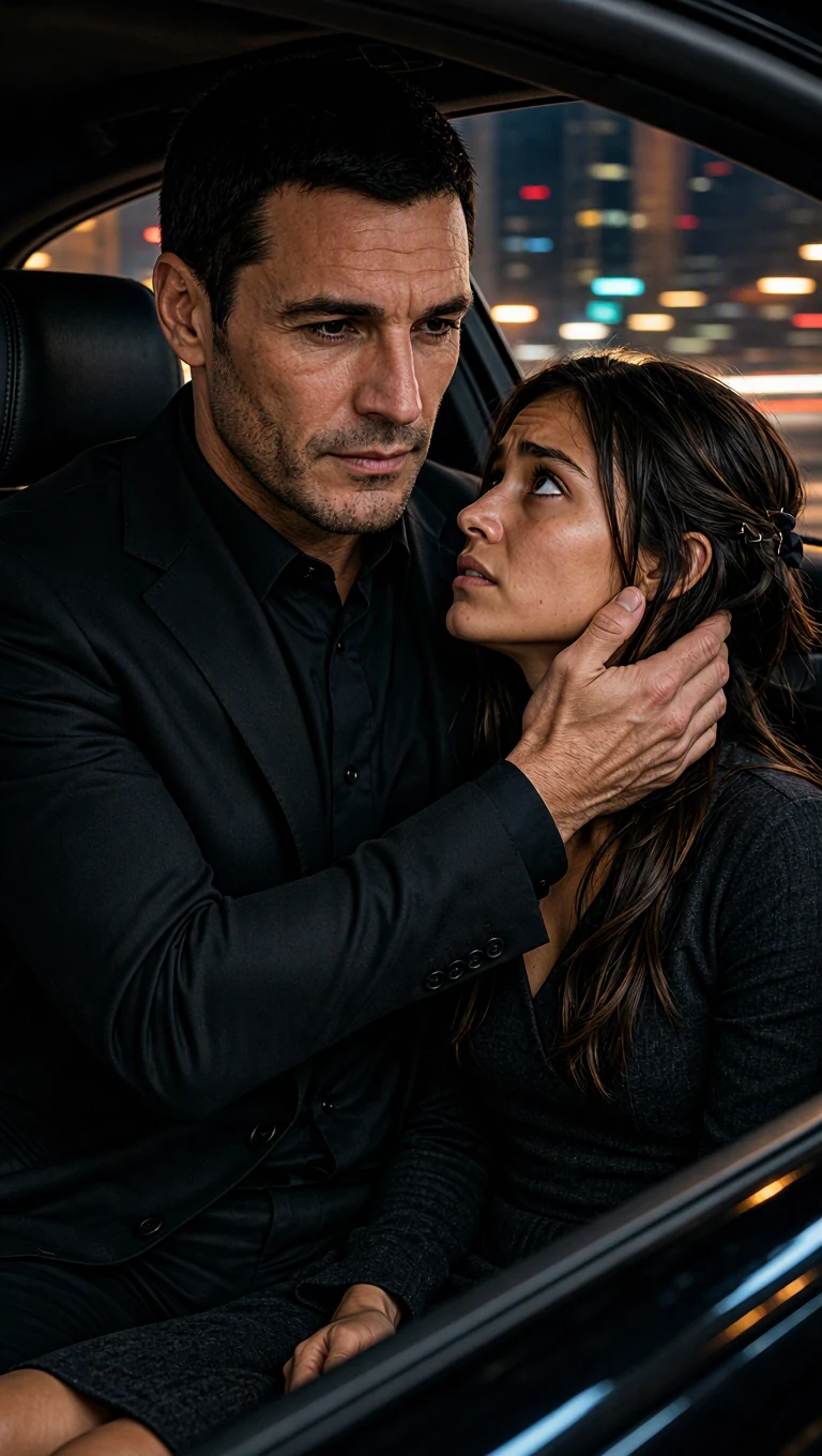 Dario turns Nicolette's face toward his with a hand on the back of her neck.
