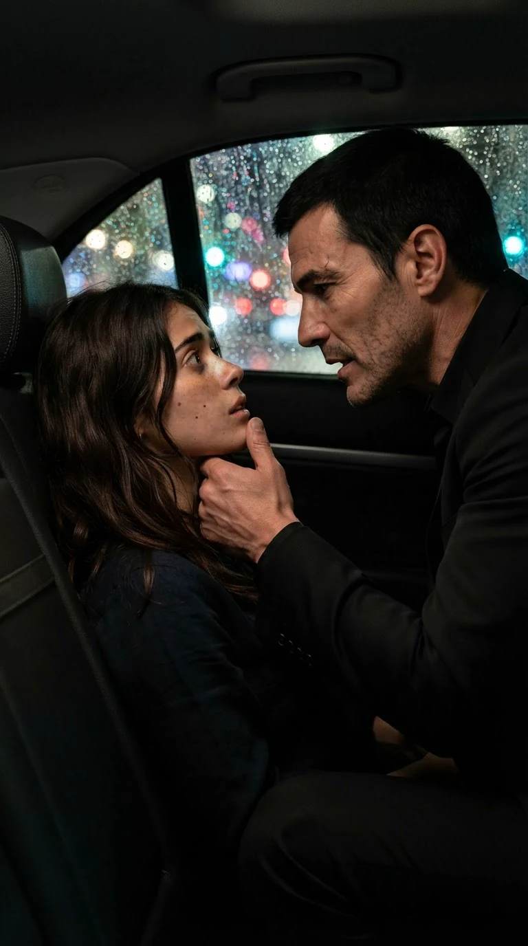 Dario speaks close to Nicolette's face in the dark car, her chin still held.