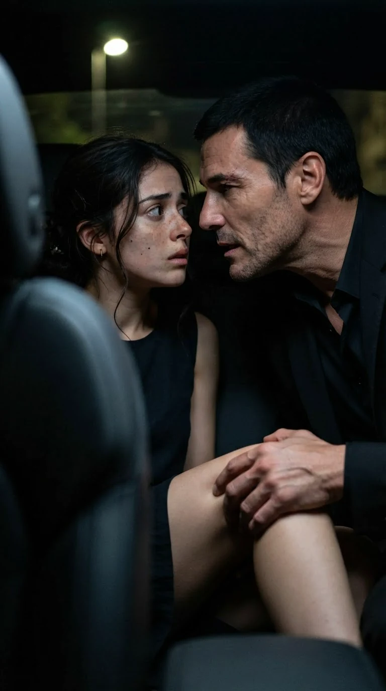 Dario's fingers dig into the inside of Nicolette's thigh as he speaks close to her face.