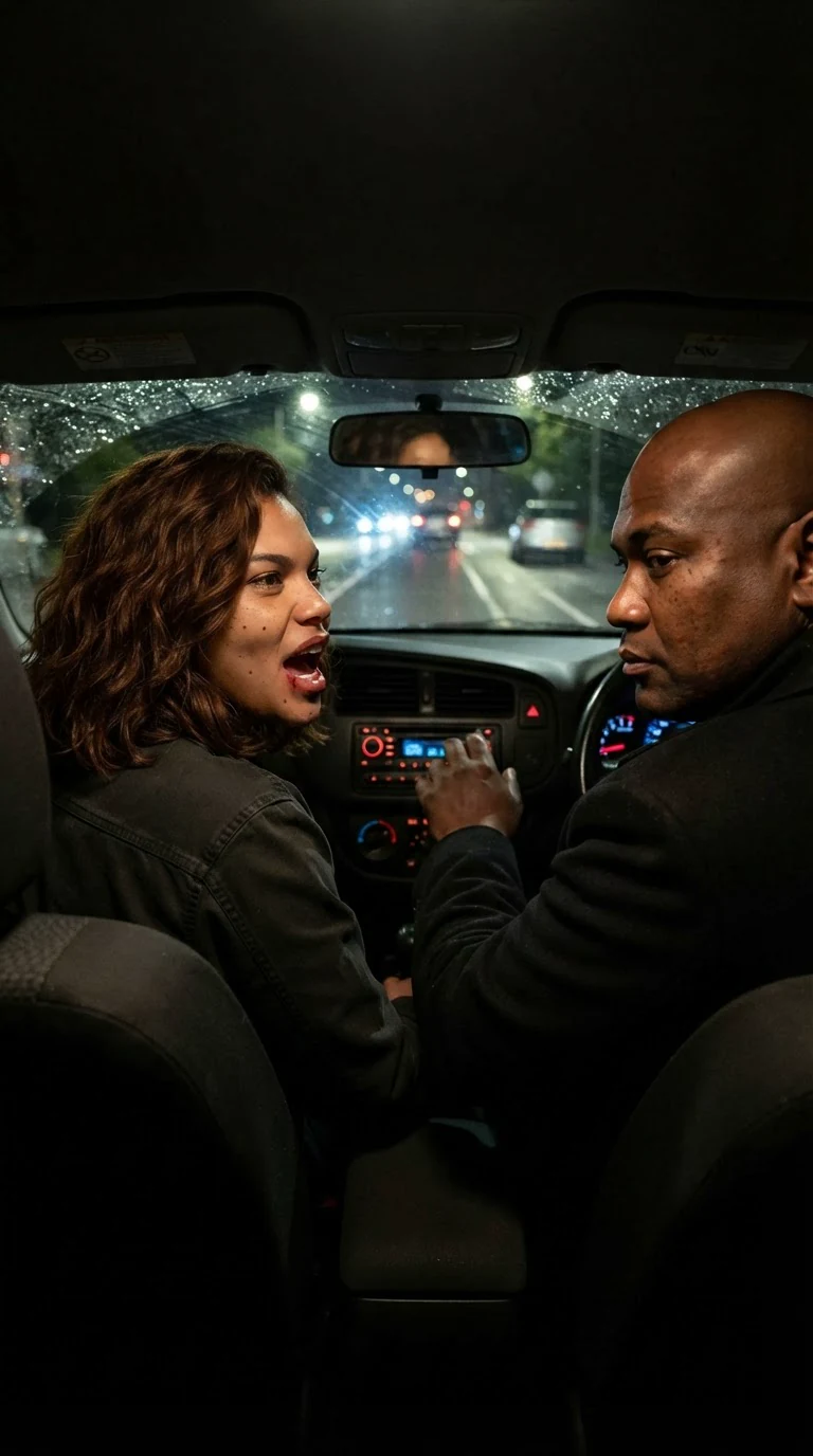 Carina shouting through the seats while Bruno turns up the radio.
