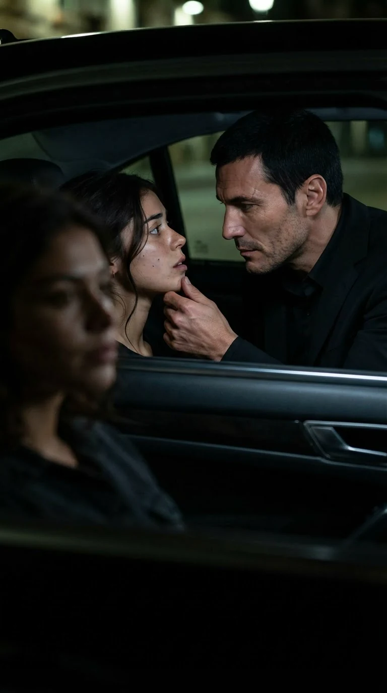 Dario holds Nicolette's chin lightly and waits, Carina a blurred shape up front.