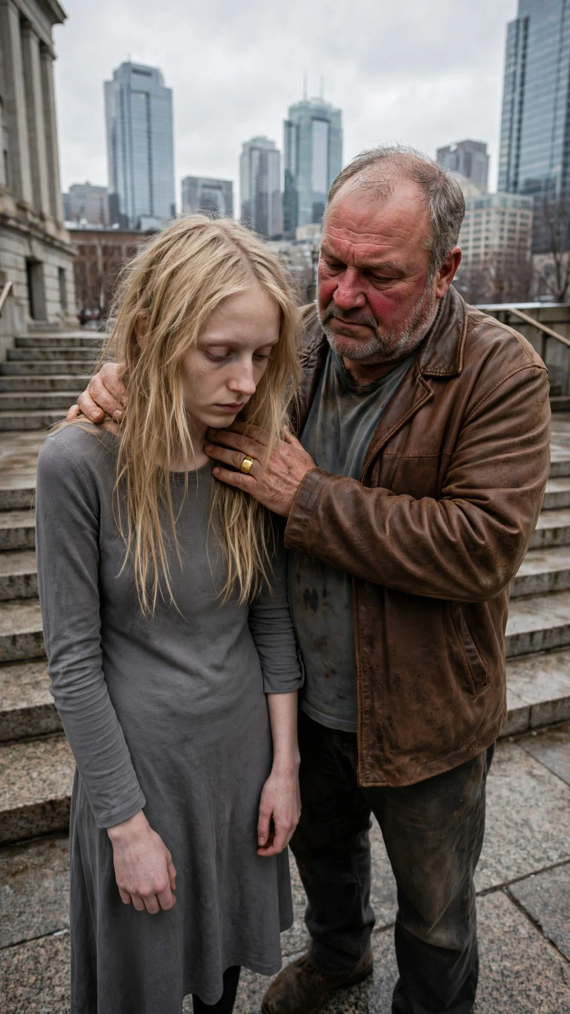 A thin pale young woman in a plain dress stands on cold courthouse steps with her uncle's heavy hand on her neck.