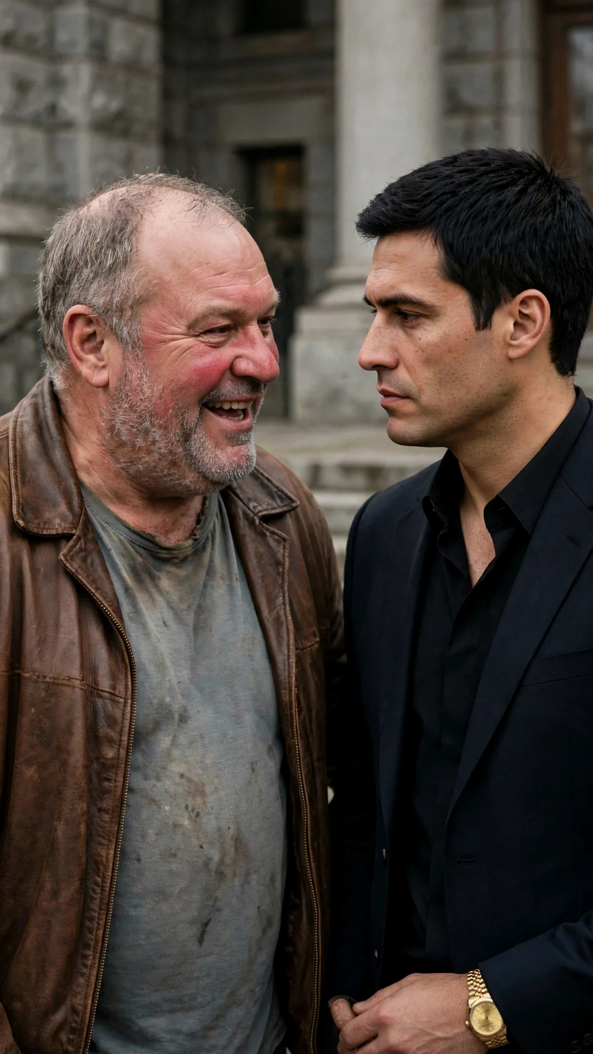 The heavy older man leans in to speak to the tall dark-haired man in a suit, smirking.