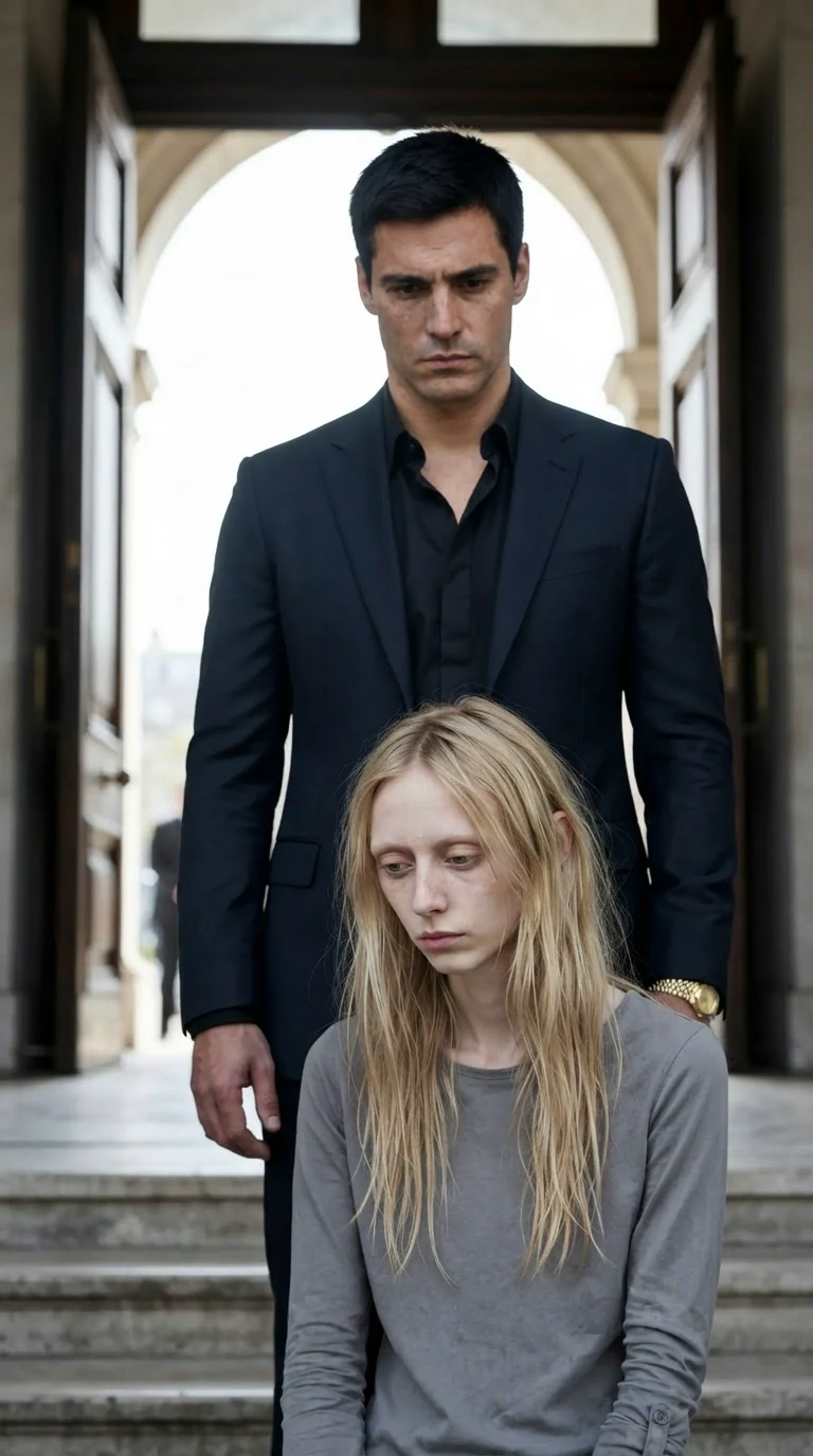 The tall man in the dark suit looks down at the young woman with total boredom.