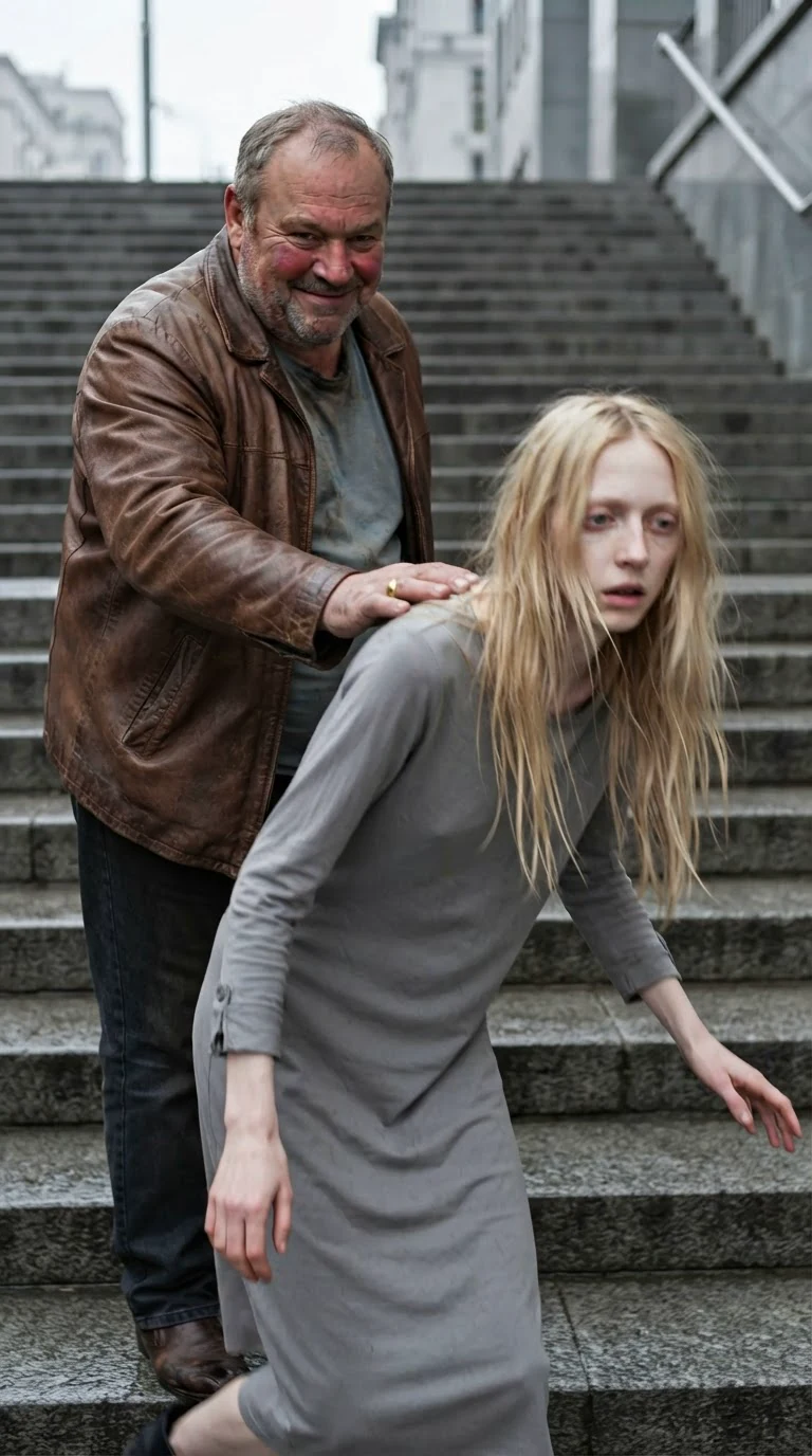 The uncle shoves the thin woman forward and she stumbles on the stone steps.