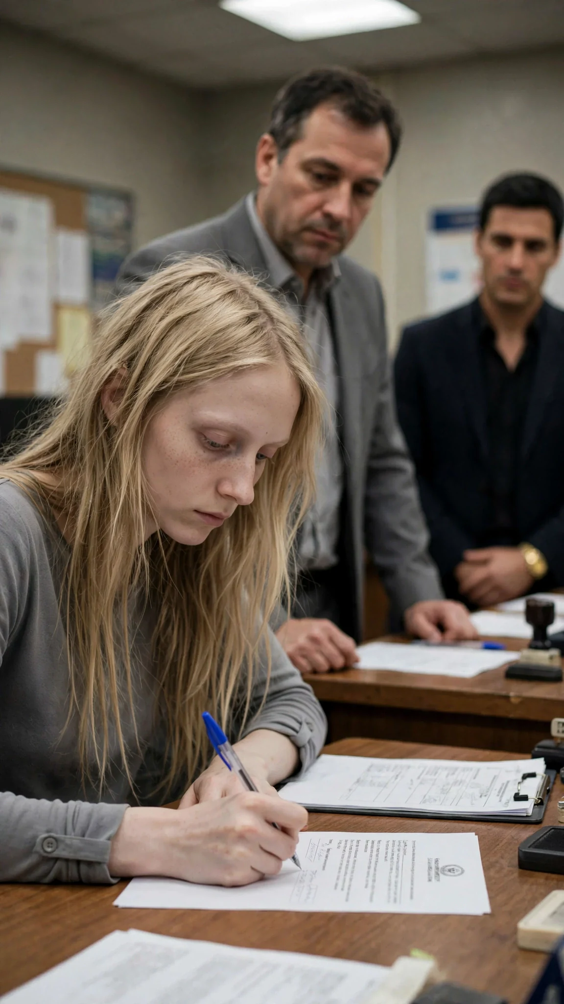 Inside a small registry room, the pale woman signs a marriage paper with a cheap pen.