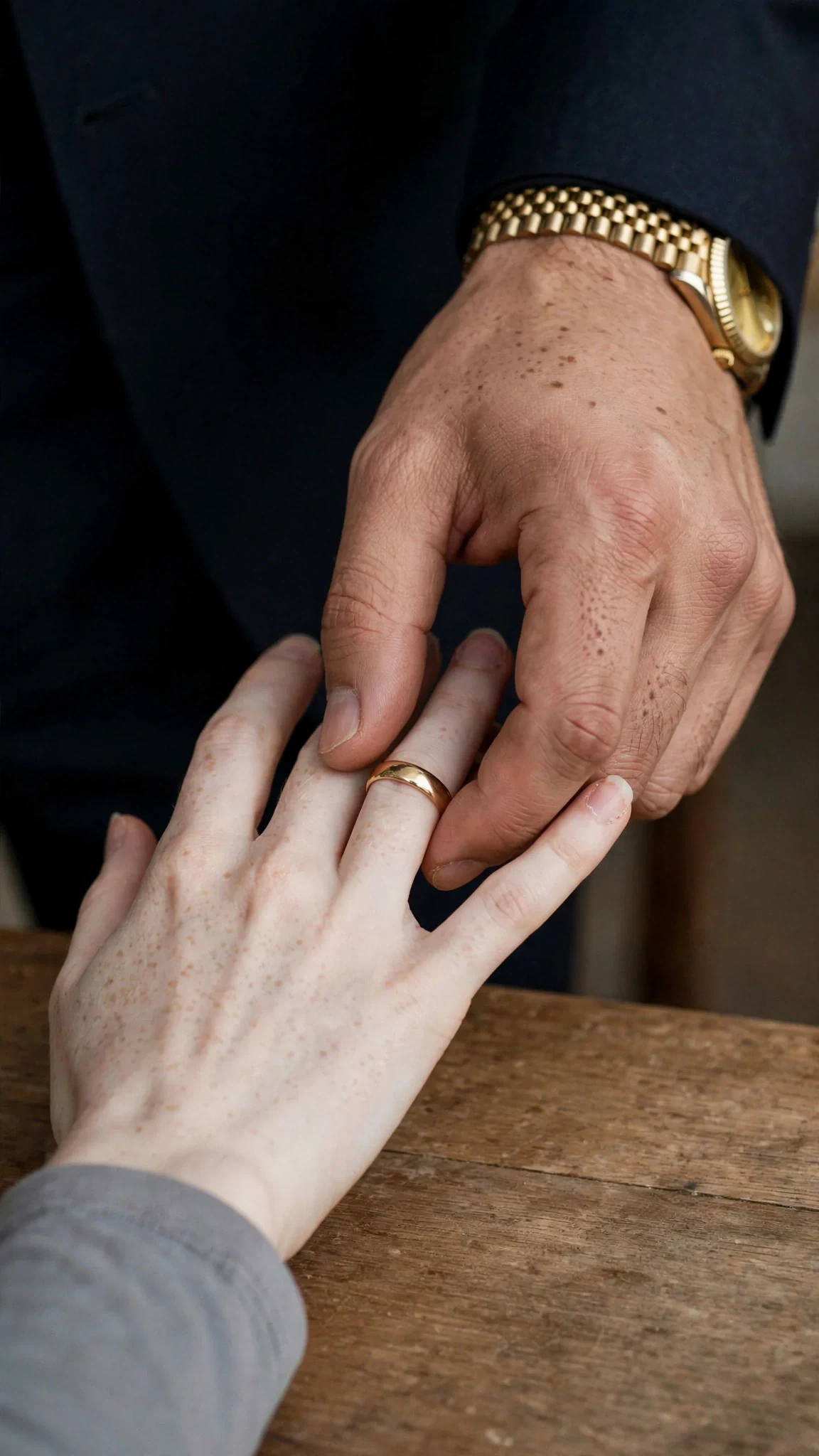 A gold ring pushed onto the thin woman's finger by a large male hand.